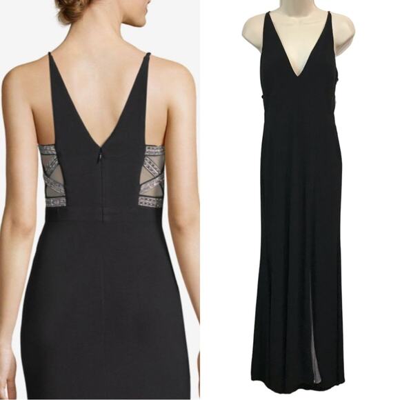 Xscape Side-Slit Rhinestone Crystal Plunging V Neckline Formal Gown Dress Black - Picture 1 of 16
